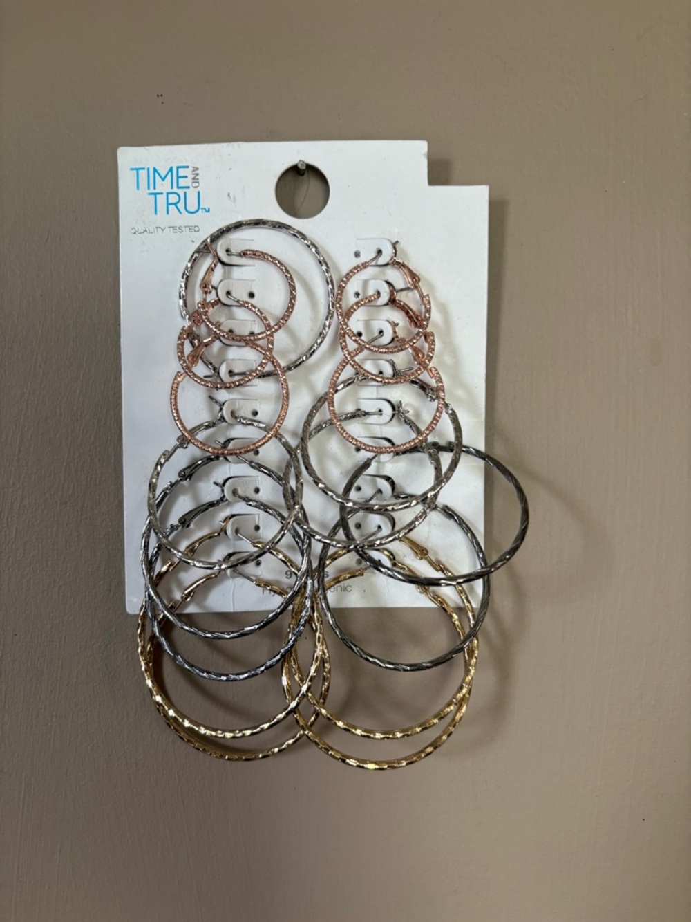 Time and Tru Three-Tone Textured Hoop Earring Set - Gold, Silver, Rose Gold